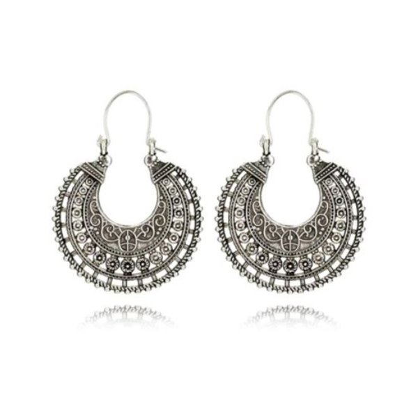 Sterling Silver Vintage Ethnic Boho Hoop Earrings - Picture 2 of 2